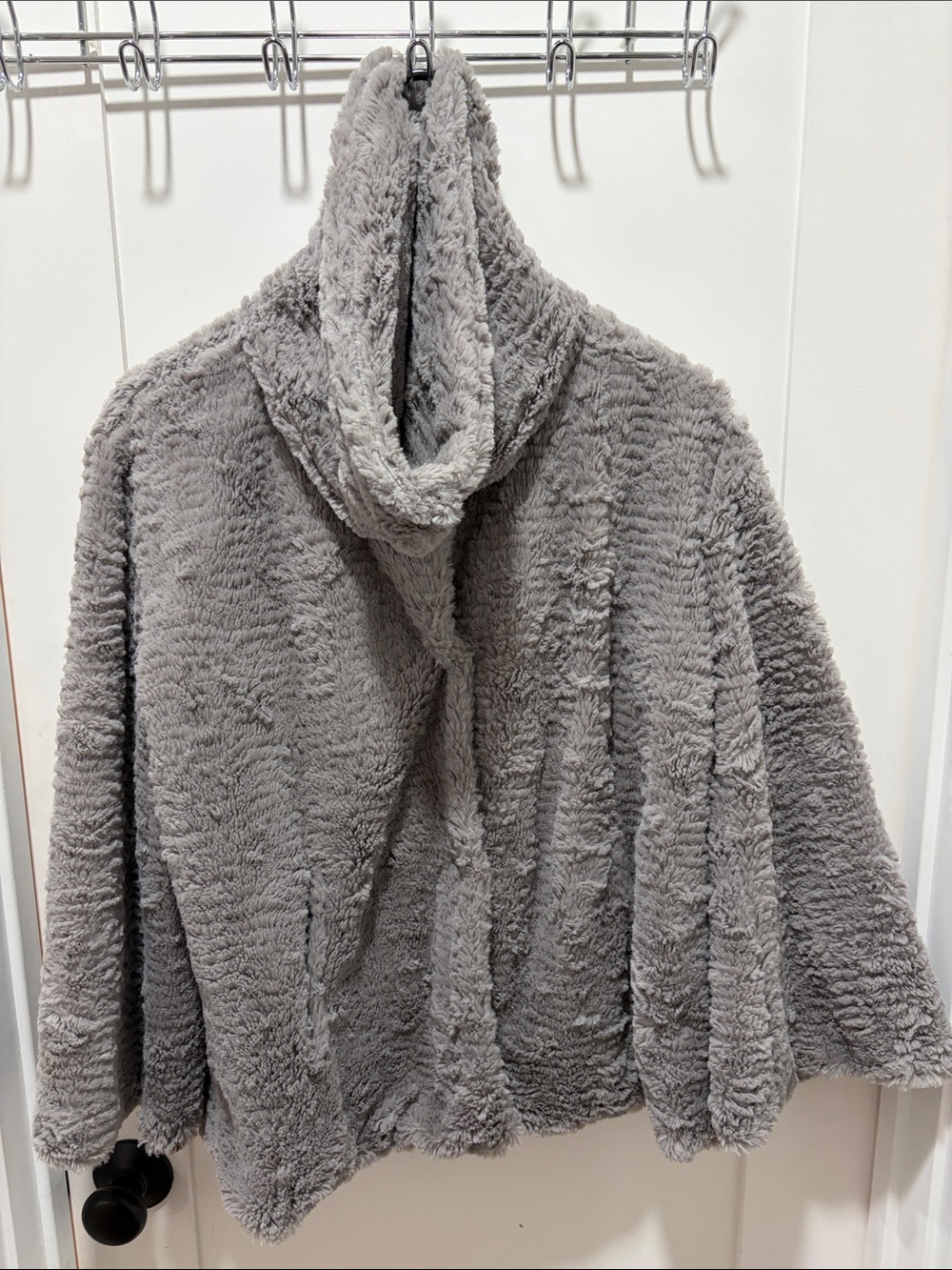 Plush Hooded Teddy Jacket - Soft Light Gray Women's Coat